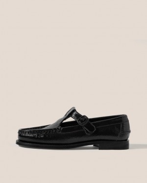 Hereu Alber Crinkled Glossy T-bar Women's Loafers Black | NZ-70FKHLWIG