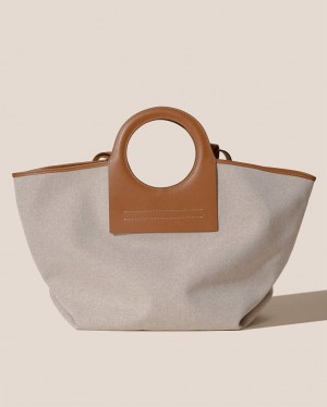 Hereu Cala L Leather-trimmed Canvas Women's Tote Bag Beige / Brown | NZ-84ZAMCTXL