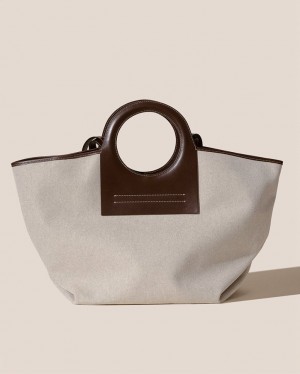 Hereu Cala L Leather-trimmed Canvas Women's Tote Bag Beige / Dark Brown | NZ-30FYDJTHM