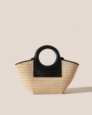 Hereu Cala S Raffia Leather-trimmed Women's Tote Bag Beige / Black | NZ-76HFOLXBK