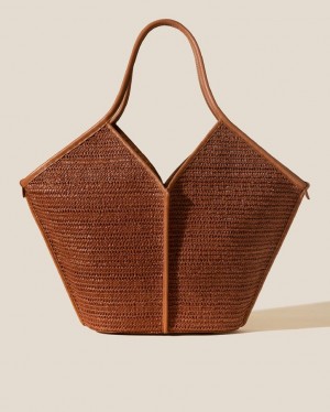 Hereu Calella Raffia Leather-trimmed Women's Tote Bag Brown | NZ-10MAZXVSR