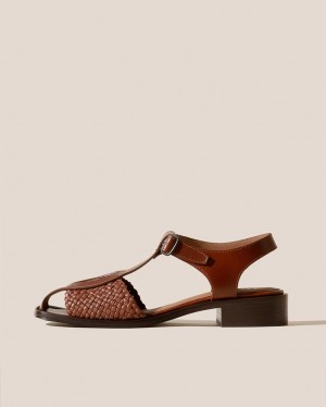 Hereu Pasqua Woven Panel T-bar Women's Sandals Dark Brown | NZ-95VKXFESH