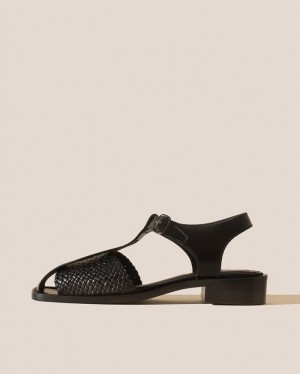 Hereu Pasqua Woven Panel T-bar Women's Sandals Black | NZ-56UHYFWZK