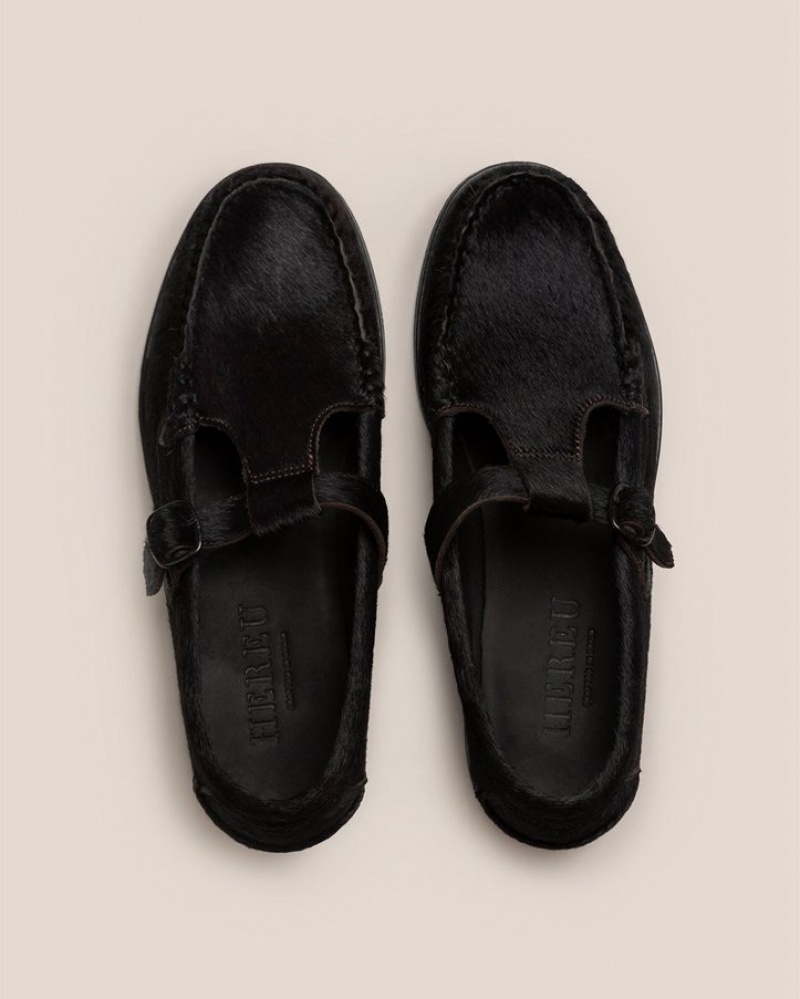 Hereu Alber Calf Hair T-bar Men's Loafers Black | NZ-07BSXTNWR