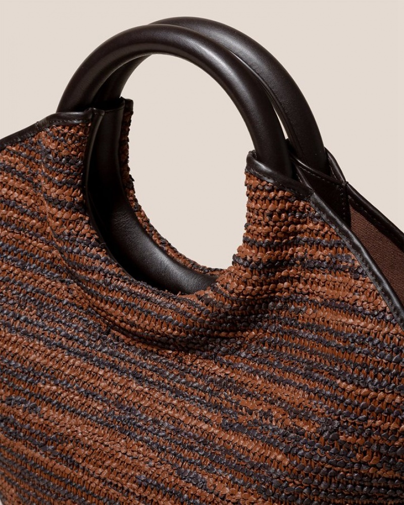 Hereu Cabassa Raffia Bicolour Round-handle Women's Tote Bag Dark Brown | NZ-09SFOUGLE