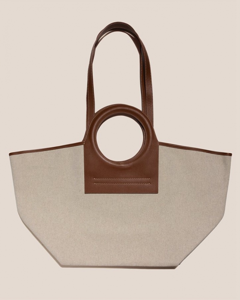 Hereu Cala L Leather-trimmed Canvas Women's Tote Bag Beige / Chocolate | NZ-56LNJSZVT