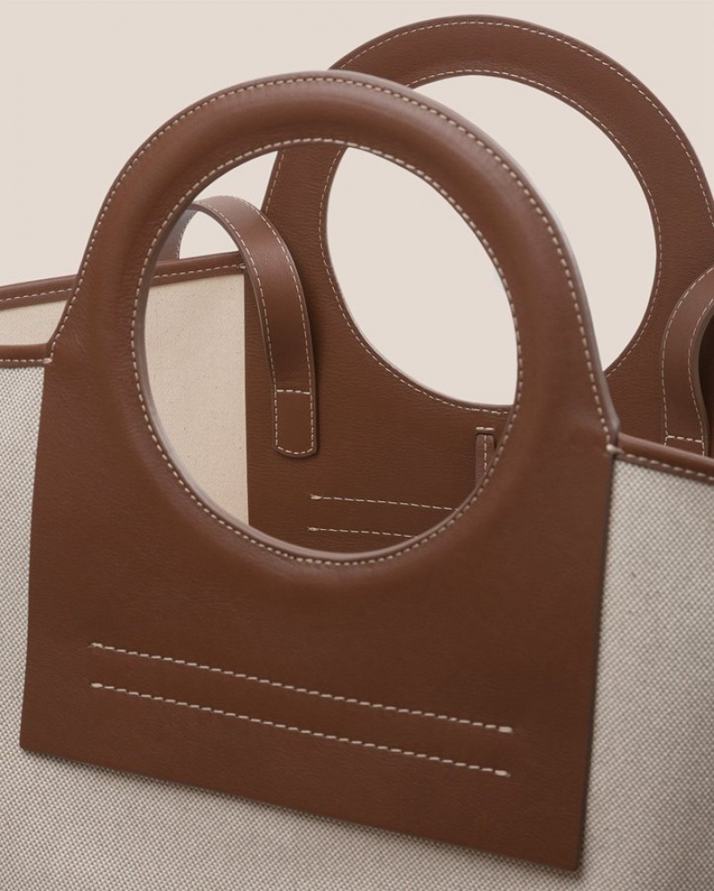 Hereu Cala L Leather-trimmed Canvas Women's Tote Bag Beige / Chocolate | NZ-56LNJSZVT