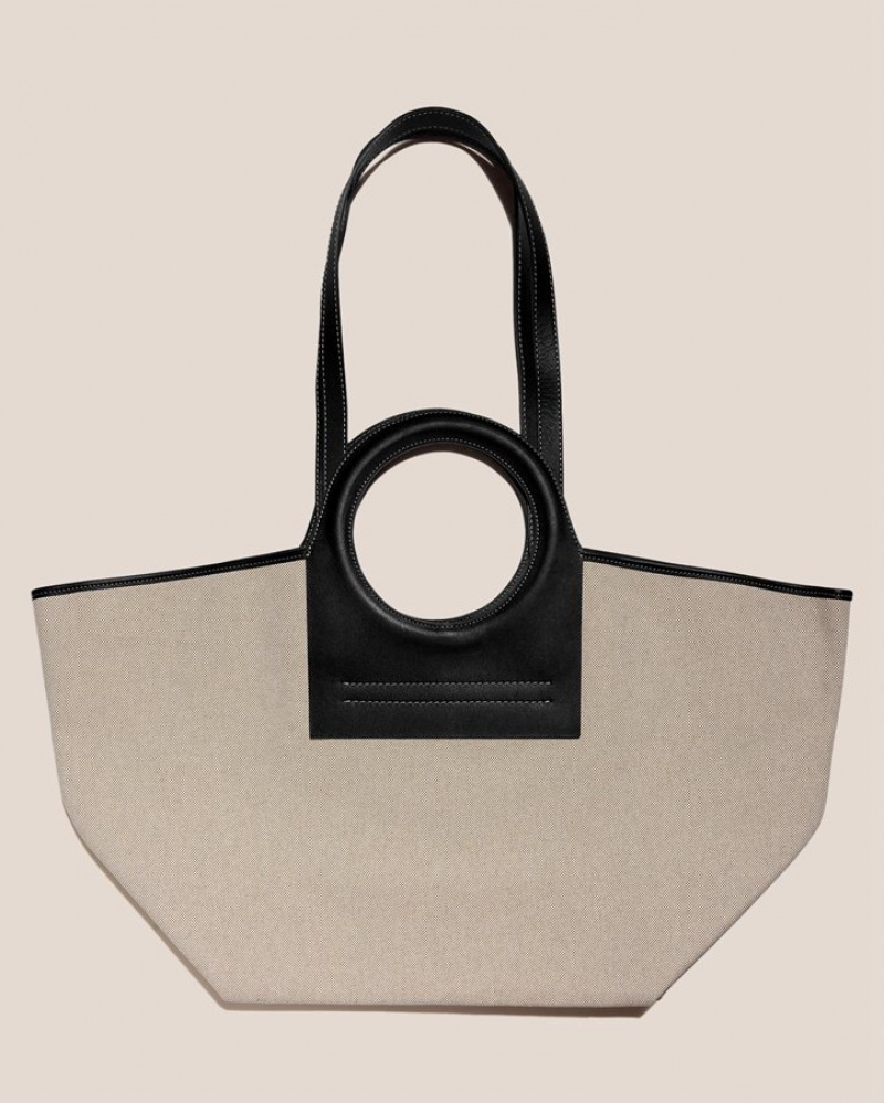 Hereu Cala L Leather-trimmed Canvas Women's Tote Bag Beige / Black | NZ-17UWFSGRB