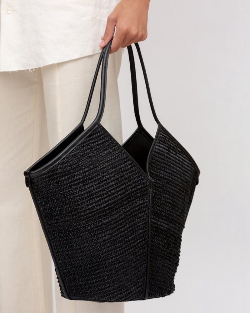 Hereu Calella Raffia Leather-trimmed Women's Tote Bag Black | NZ-01RIWKCET